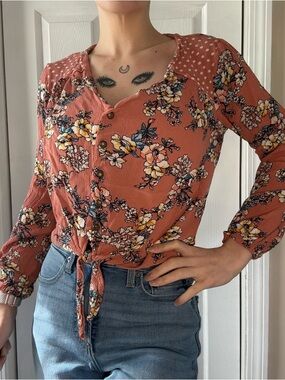 Rewind Rust Floral Tie-Front Blouse